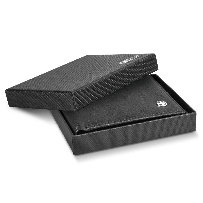 Black Swiss Peak Anti Skimming Wallet featuring PU leather, 6 card slots, and elegant logo, ensuring security and style.
