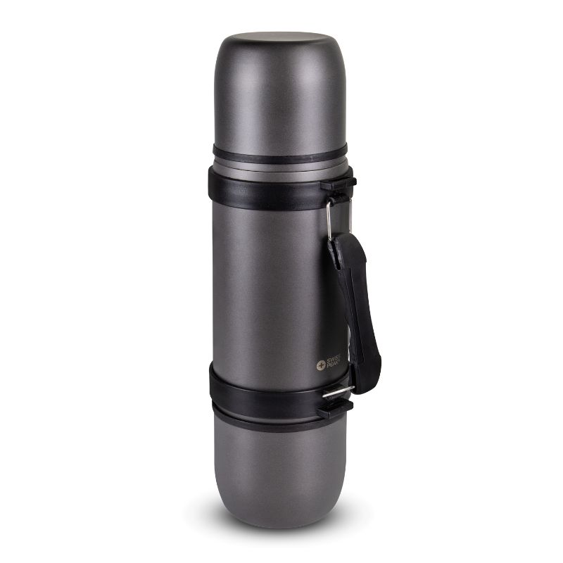 Stylish Steel Grey 700ml vacuum flask with two matching cups, shoulder strap, and leak-proof design for sharing drinks outdoors.