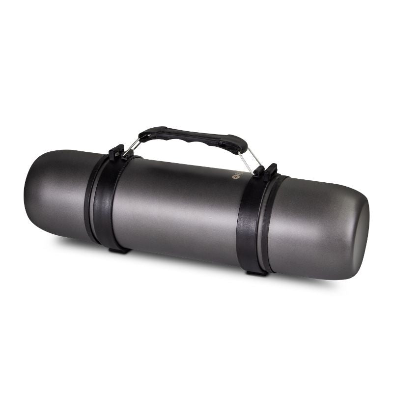 Vacuum flask in steel grey with shoulder strap, two cups, and leak-proof design, ideal for outdoor hydration.