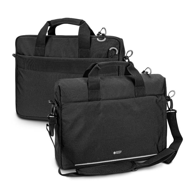 Sleek black Swiss Peak RFID laptop bag with 15.6" padded compartment, zippered pockets, and reflective safety strip.