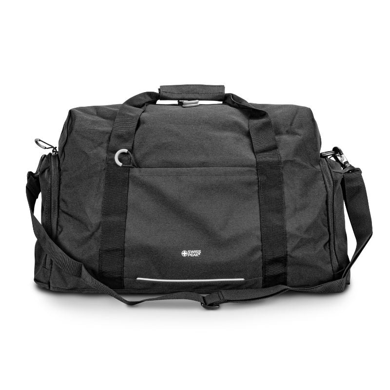 Black Swiss Peak RFID Sports Duffle Bag with laptop compartment, shoe pockets, and RFID protection for secure travel.