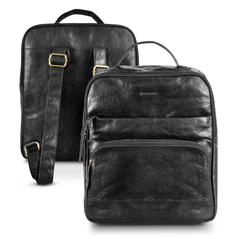 Black Pierre Cardin leather backpack with main zippered compartment, front pocket, top handle, and adjustable straps.