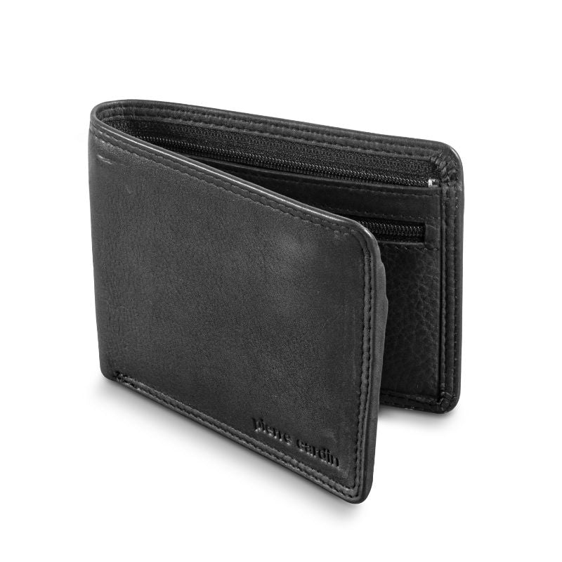 Black leather wallet by Pierre Cardin featuring RFID protection, multiple card slots, and a zippered coin pocket.