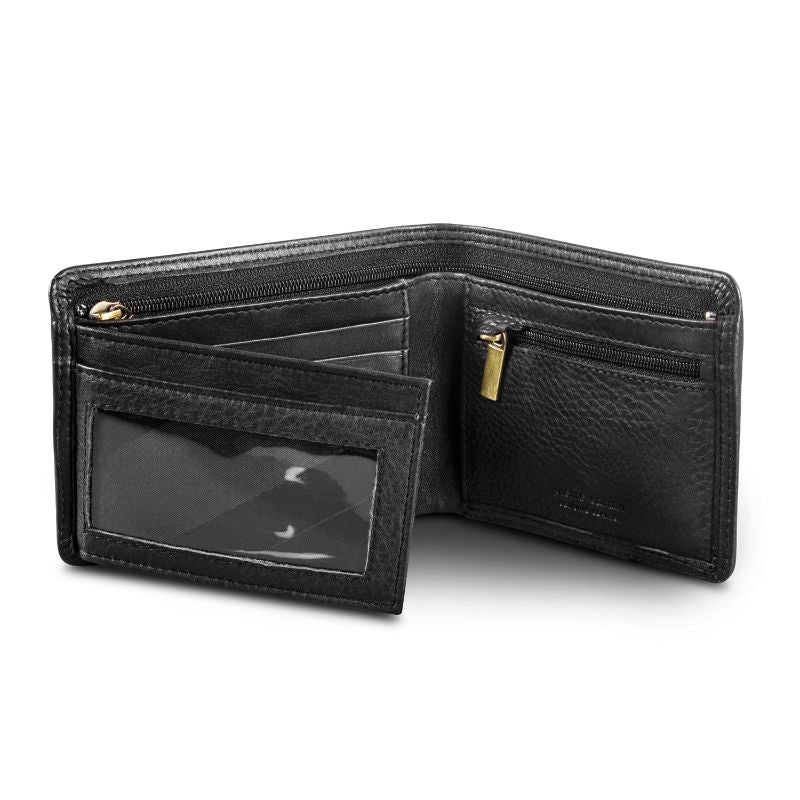 Black leather wallet by Pierre Cardin featuring RFID protection, multiple card slots, and a zippered coin pocket.