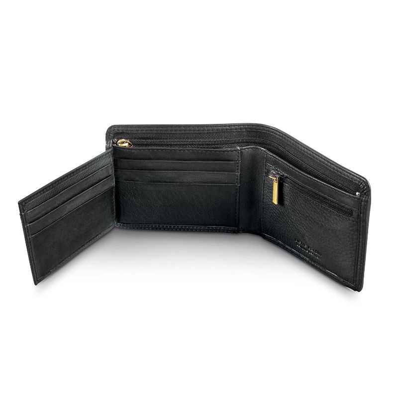 Elegant black leather wallet by Pierre Cardin, featuring RFID protection, multiple card slots, and zippered coin pocket.