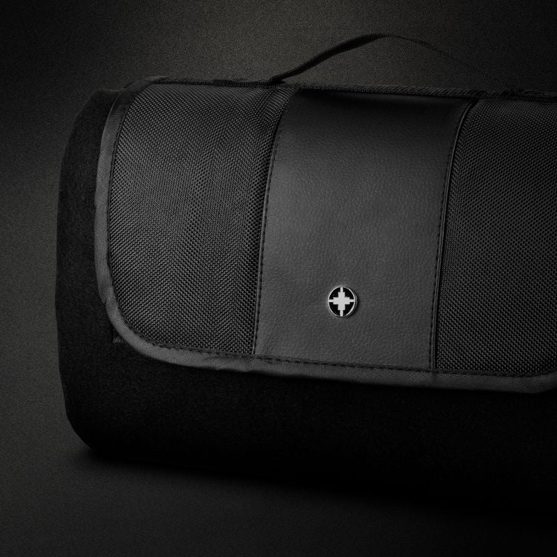 Swiss Peak black picnic blanket with plush fleece and foam backing, perfect for outdoor adventures, folding easily for transport.