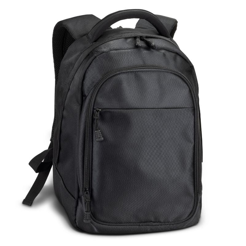 Sleek black Legacy Laptop Backpack fits up to 15.6-inch laptops, made from durable 1680D polyester with multiple pockets.