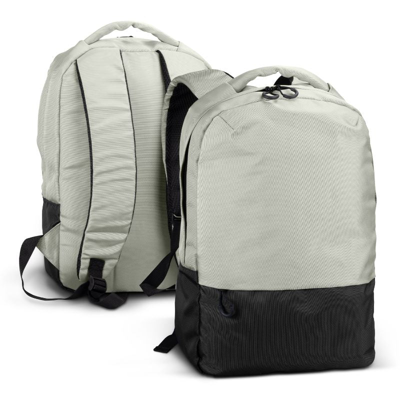 Stylish grey/black laptop backpack with 9L capacity, padded straps, top handle, and zippered pocket for daily essentials.