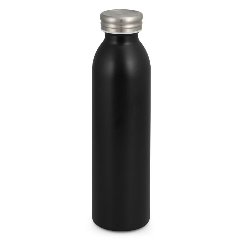 Set of 3 sleek matt black vacuum bottles, 600ml, designed for hot/cold drinks with a secure screw-on lid.