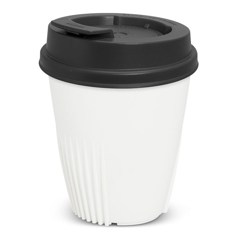 Set of 6 lightweight 355ml BPA-free white and black reusable cups, designed for sustainable beverage enjoyment on the go.