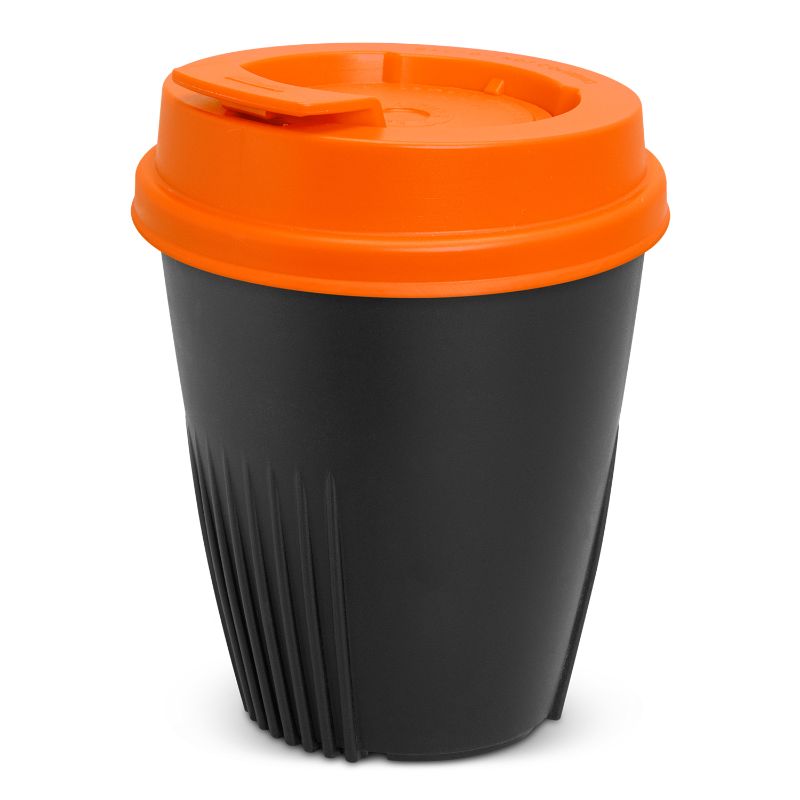 Set of 6 eco-friendly black/orange reusable coffee cups with ergonomic fins and leak-proof lids for on-the-go convenience.