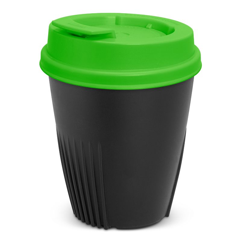 Set of 6 eco-friendly, BPA-free reusable coffee cups in black and kermit green, designed for heat dispersion and comfort.