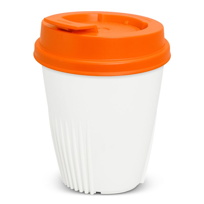 Set of 6 eco-friendly 355ml white and orange reusable coffee cups with ergonomic design and secure lids for spill-free transport.