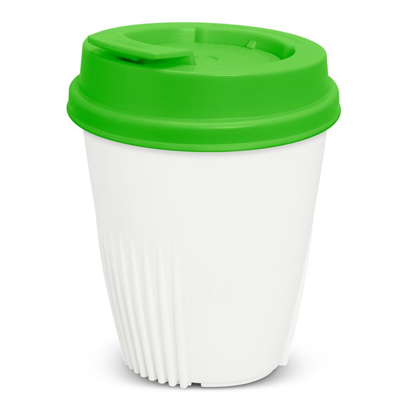 Set of 6 IdealCup reusable coffee cups in white and Kermit green, featuring ergonomic fins and a secure, leak-proof lid.