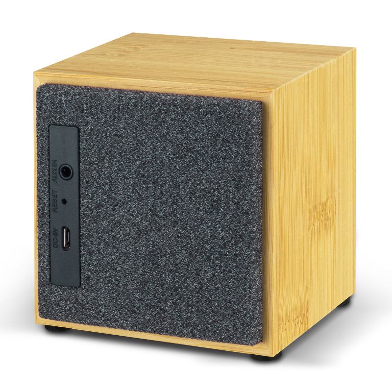 5W Bluetooth speaker made from natural bamboo with a heather polyester front, offering eco-friendly design and rich sound.