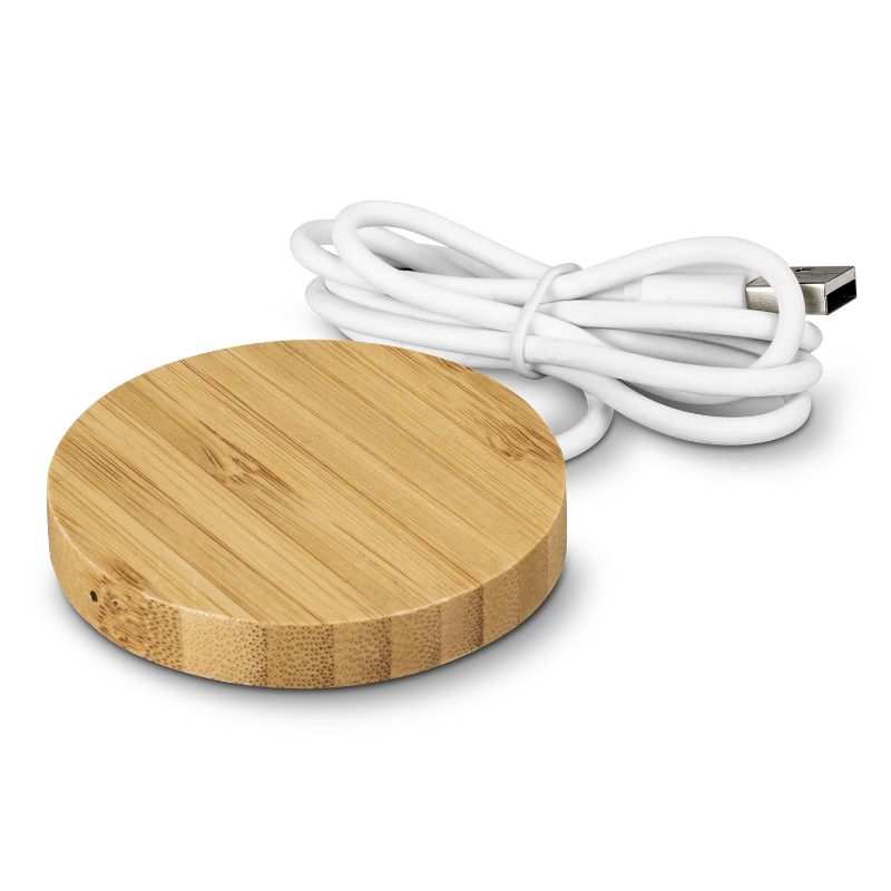 Wireless fast charger with magnetic bamboo base for 10W charging, perfect for modern smartphones and eco-friendly setups.