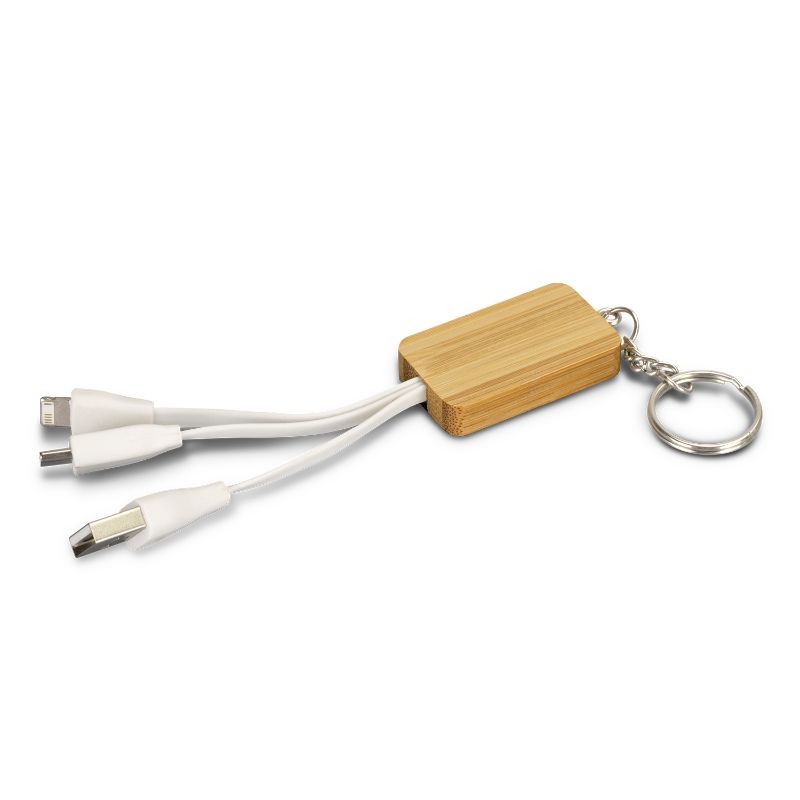 Eco-friendly bamboo charging cable key ring with three connectors, perfect for on-the-go device charging.