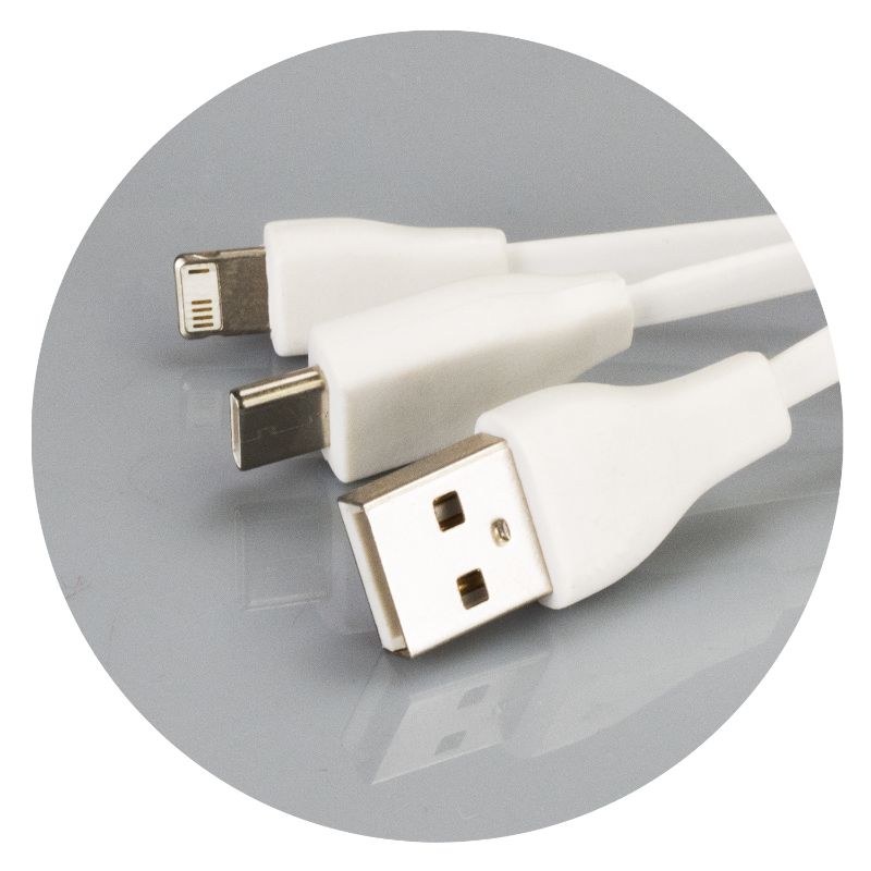Eco-friendly bamboo charging cable key ring with multiple connectors for versatile on-the-go device charging.