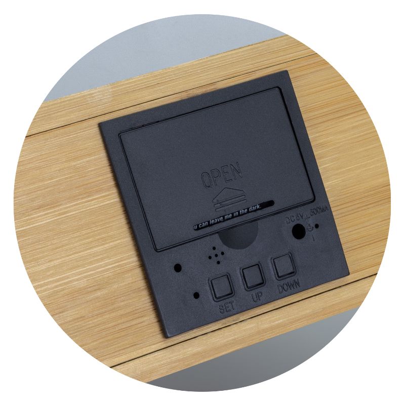 Wireless Charging Clock in natural bamboo with LED display, alarm, date, temperature, and 5W wireless charging pad.