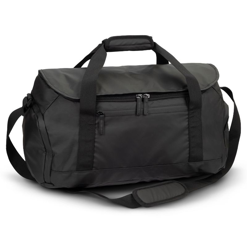 Sleek black Aquinas 20L duffle bag with waterproof coating, adjustable strap, and three zippered pockets. Ideal for travel.