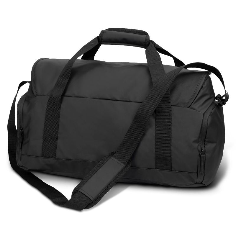 Black Aquinas 20L Duffle Bag featuring waterproof polycanvas, adjustable strap, and three zippered pockets for organized storage.