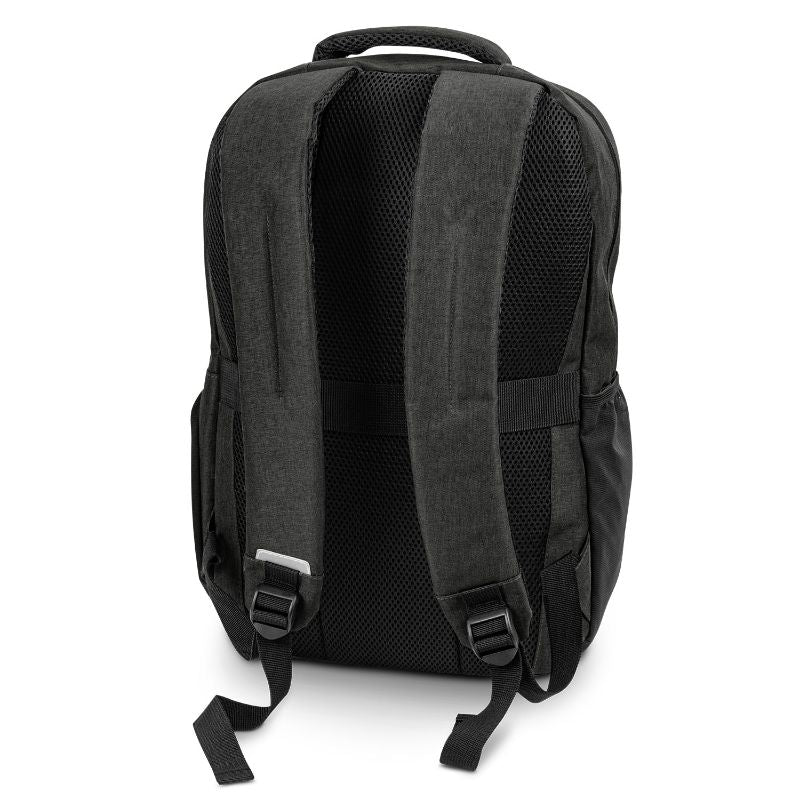 Stylish Black/Charcoal Selwyn Backpack with laptop sleeve, padded back, and multiple pockets for organized carrying.