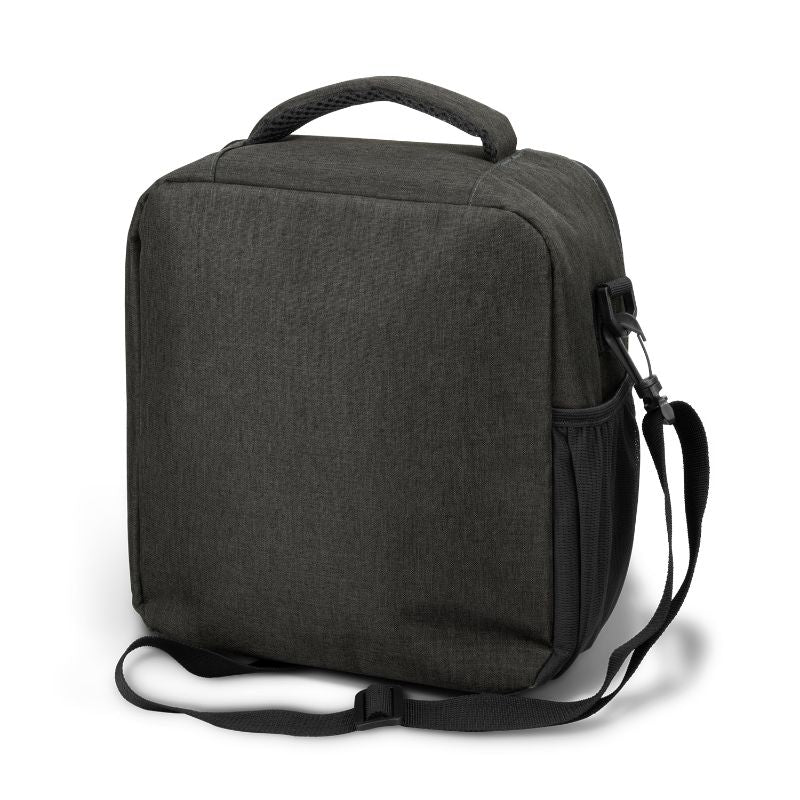 Sleek black/charcoal cooler bag with adjustable strap, insulated, 8L capacity, ideal for outdoor picnics and camping.