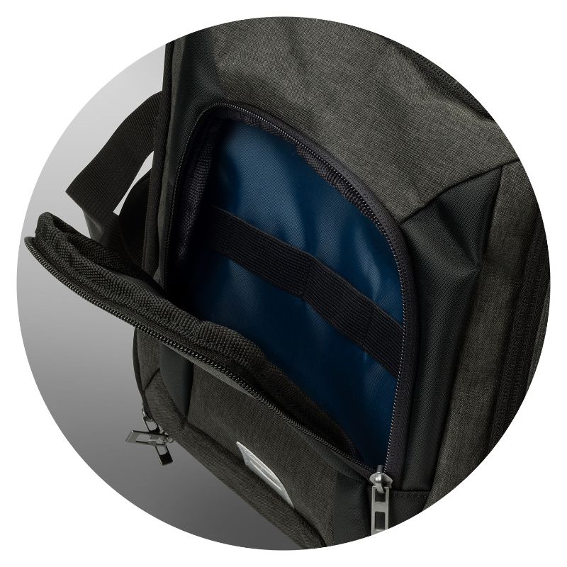 Sleek black/charcoal cooler bag with 8L capacity, durable 300D polyester, zippered pocket, and adjustable shoulder strap.