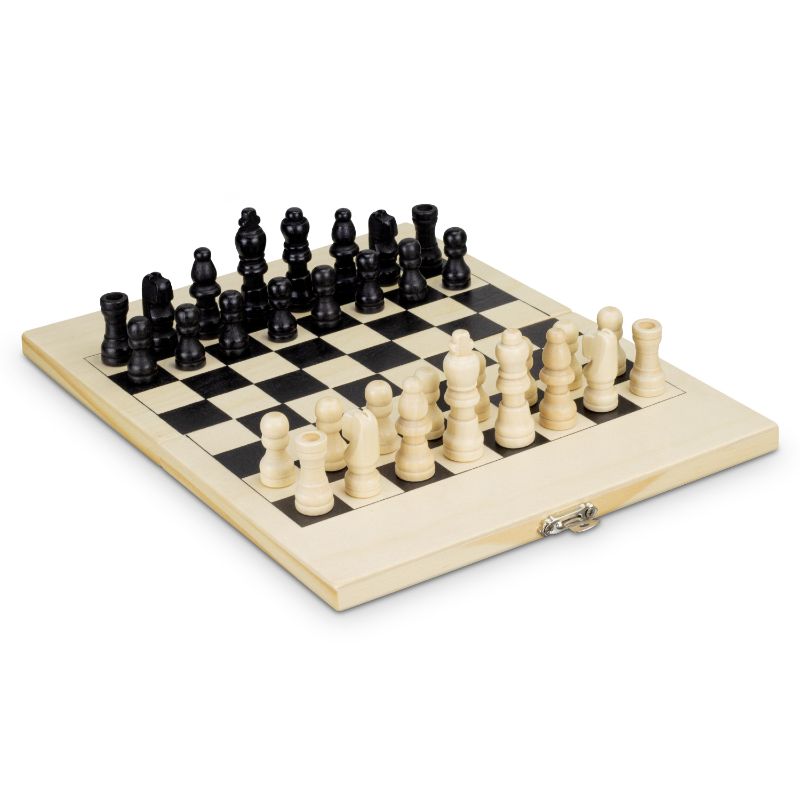 Travel chess set featuring 3 pine wood sets with a natural finish, compact for on-the-go gameplay.