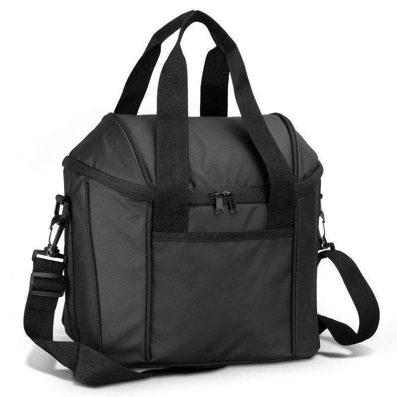 Stylish black Aquinas Cooler Bag, 18L capacity, water repellent, with durable insulation and multiple carrying options.