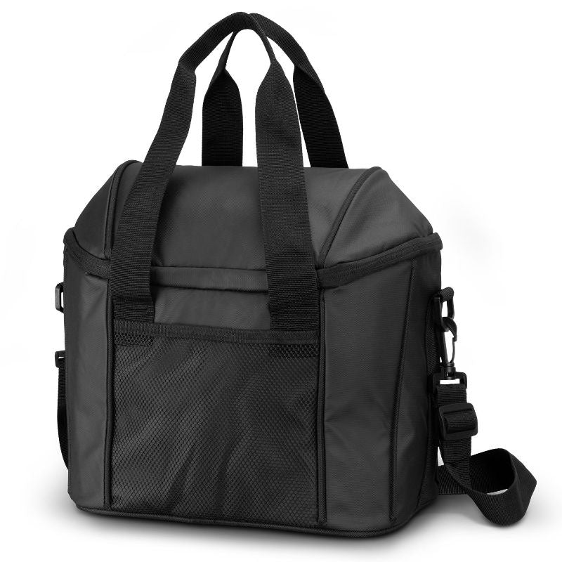 Sleek black Aquinas Cooler Bag, 18L, durable, waterproof, with zip closure and adjustable strap for easy transport.