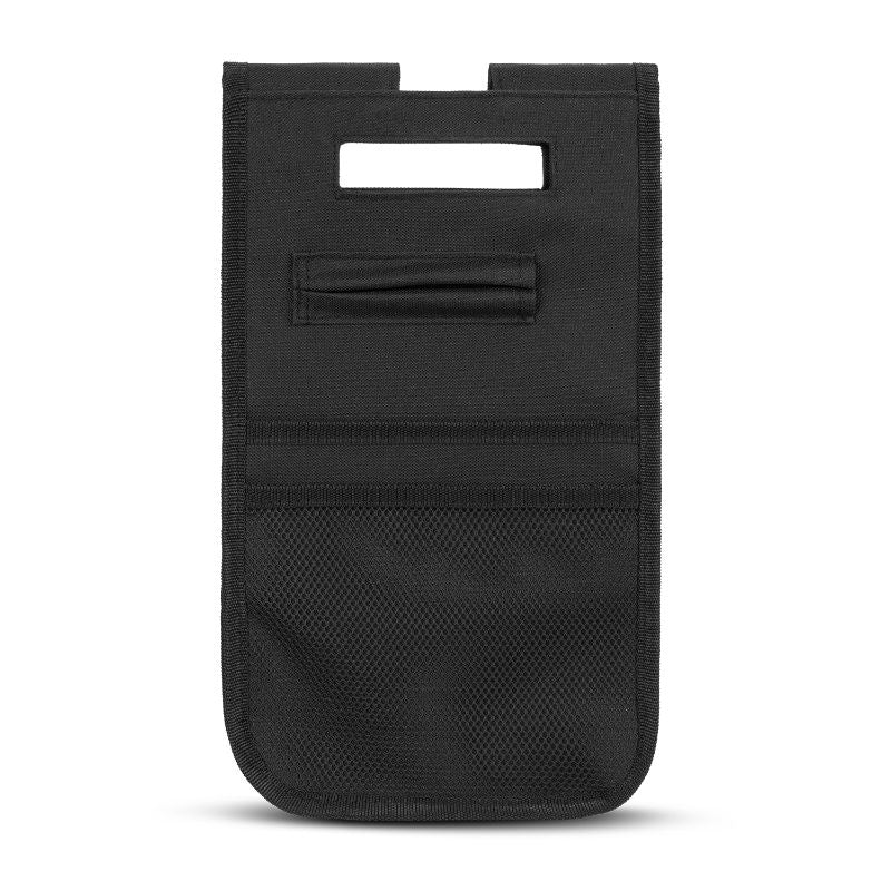 Versatile black Trolley Bag Caddy featuring mesh pockets and pen holders, perfect for organizing travel essentials.