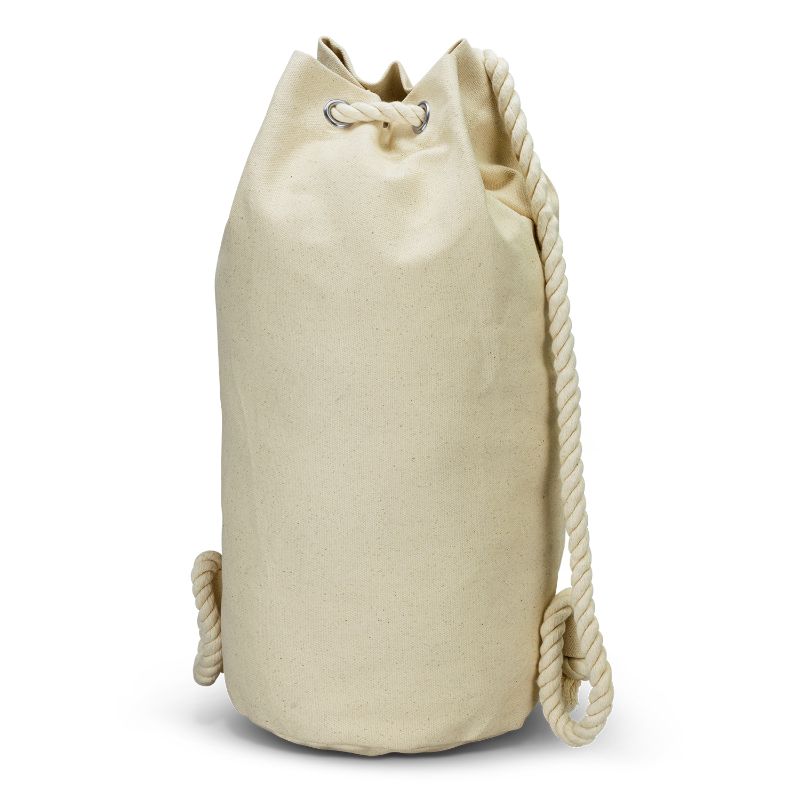 Set of 3 natural canvas barrel bags with durable straps, perfect for beach days and outdoor adventures.