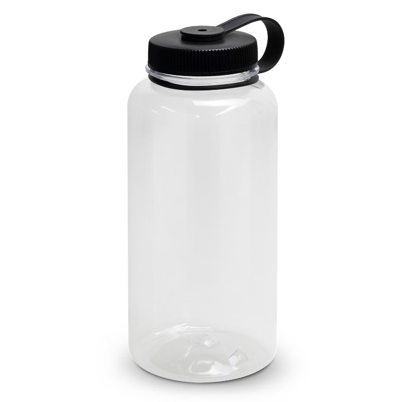 Clear/Black Mountaineer Bottles (6 units) in durable Tritan, 1L capacity, leak-proof lid, perfect for outdoor hydration.