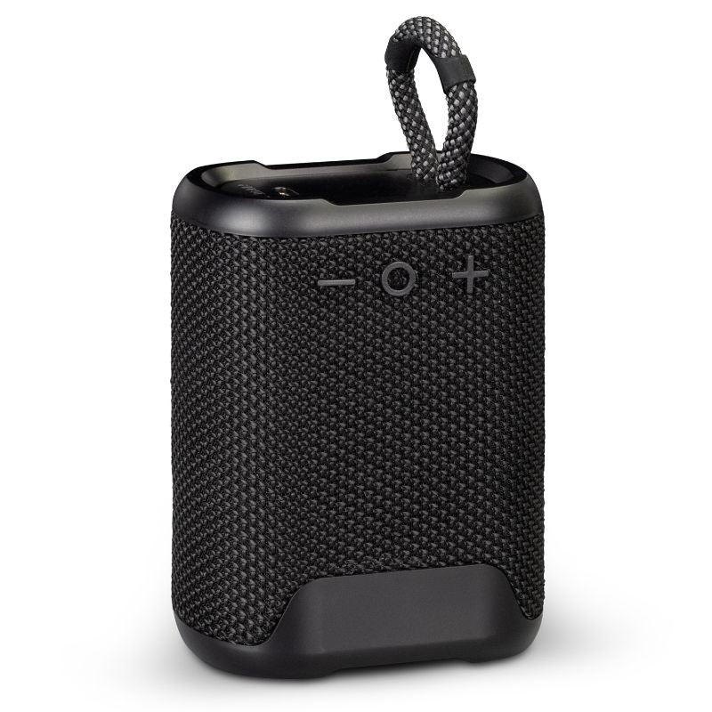 Outdoor Bluetooth speaker Loki in black, rugged, IPX7 water-resistant, 5W power, and 10m wireless range for adventures.