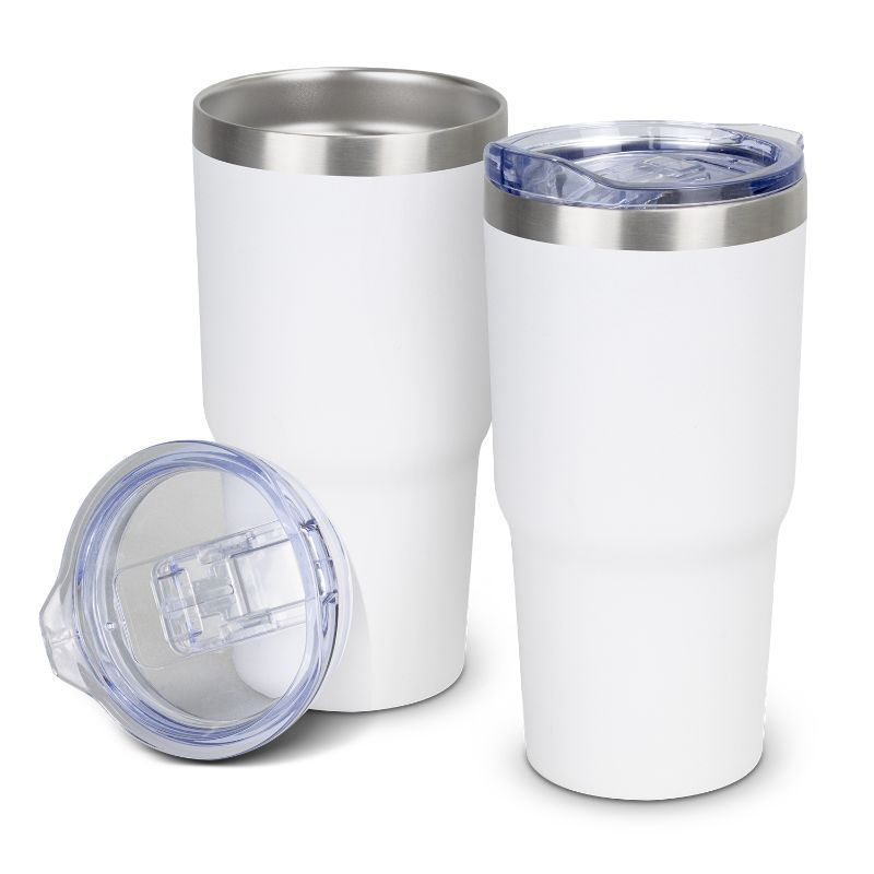 Set of 3 white vacuum tumblers with double-wall insulation, splashproof lids, and a durable powder-coated finish.