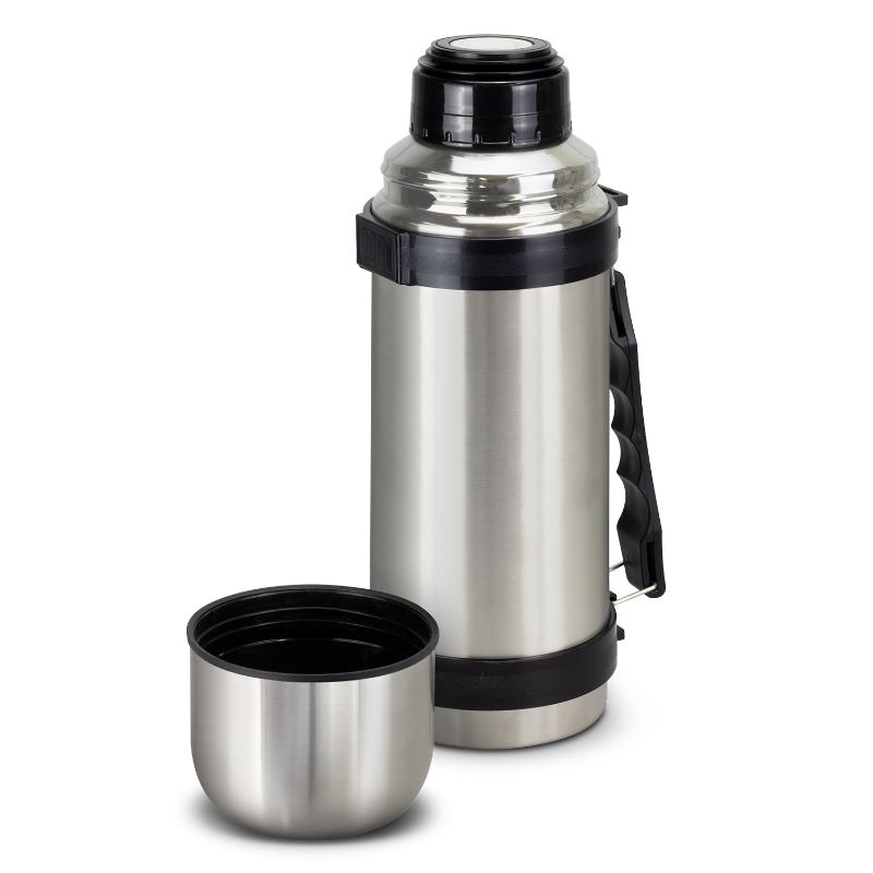Silver Mitre Vacuum Flask, 1L, double-wall design, keeps drinks cold for 24 hrs or hot for 12 hrs, with carry handle and screw-on cup.