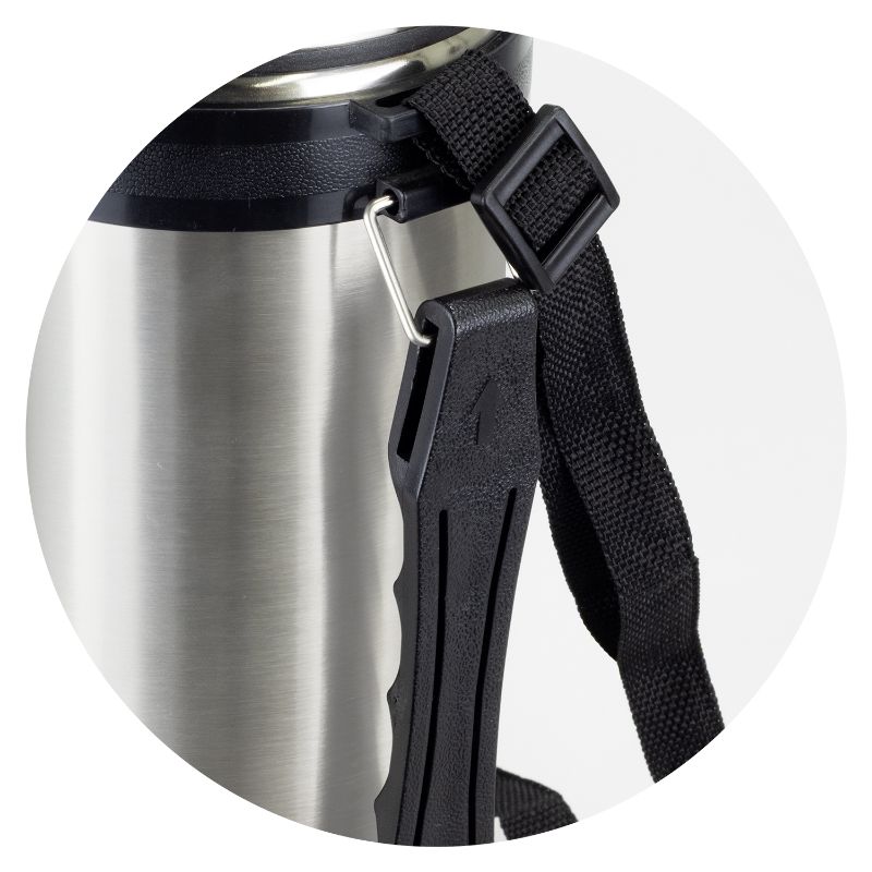 Mitre silver vacuum flask, 1L, keeps drinks cold for 24h or hot for 12h, with a black carry handle and screw-on cup.