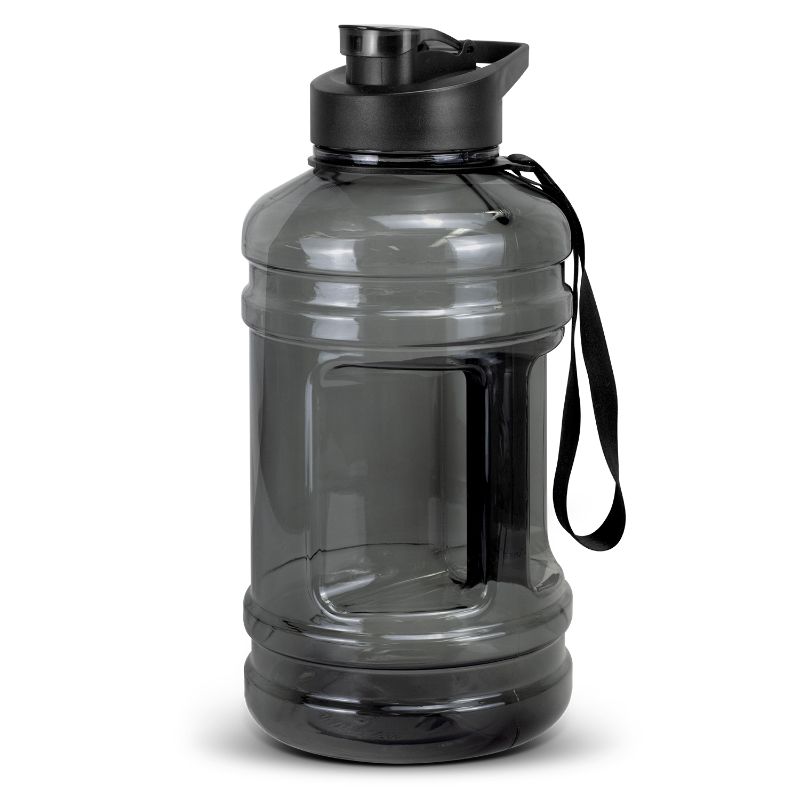 Colossal black 2.2L water bottle with flip lid, durable handle, and wrist strap, made from BPA-free Tritan.