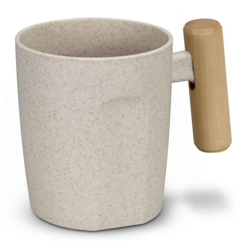 Stylish eco-friendly 480ml coffee cup with ergonomic wooden handle, crafted from sustainable wheat straw fiber. Set of 10.