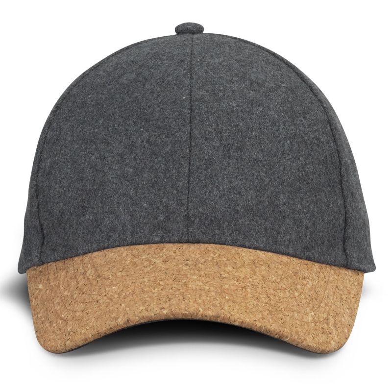 Charcoal six-panel cap with curved cork peak, brass buckle, and breathable eyelets, perfect for style and comfort.