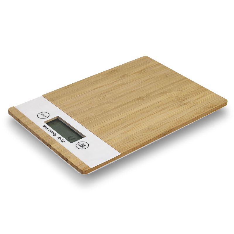 Eco-friendly bamboo kitchen scale set with digital screen, non-slip base, and precision tare feature for dry and liquid ingredients.