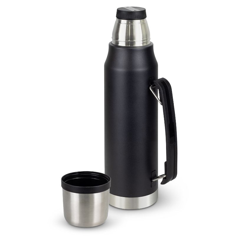 Stainless steel Wayfarer Black Flask with double-wall vacuum, screw-on cup, and carry handle, perfect for outdoor adventures.