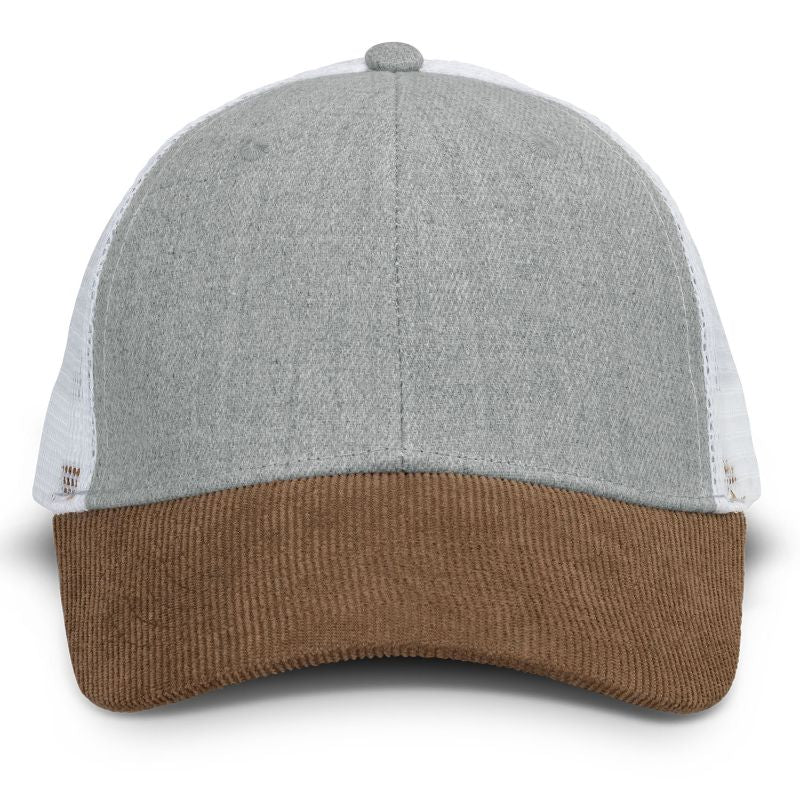 Galloway Corduroy Peak cap in grey/brown, featuring a pre-curved peak and breathable mesh back, perfect for style and comfort.