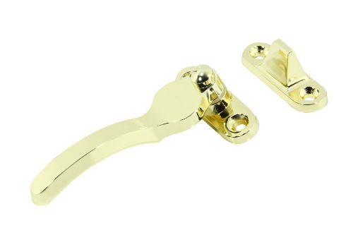 Brass-plated standard wedge fastener for securing side-hung windows, includes screws and fixing template for easy installation.