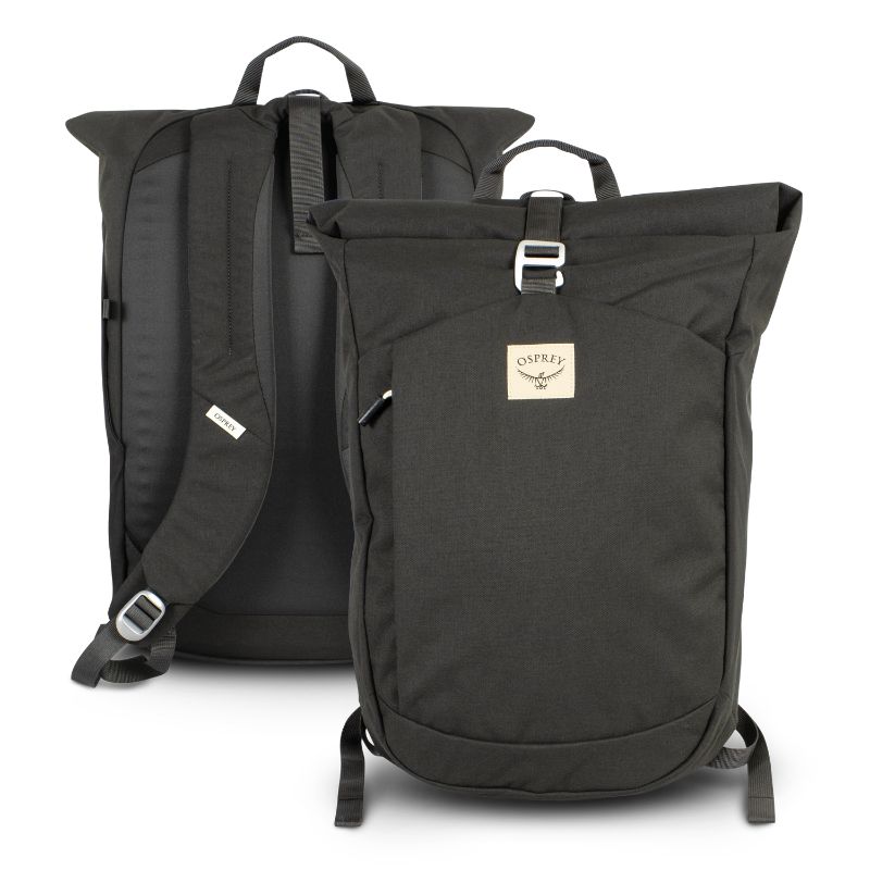 Osprey Arcane Roll Top Backpack in black, featuring a spacious roll-top, padded laptop sleeve, and mesh shoulder straps.