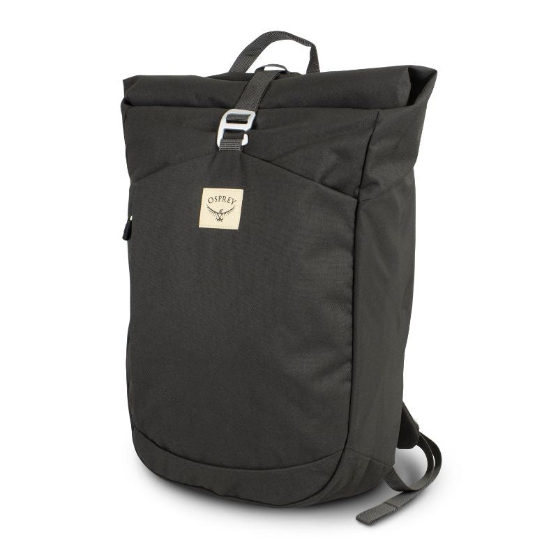 Sleek black Osprey Arcane Roll Top Backpack with spacious roll-top, padded laptop sleeve, and eco-friendly design for everyday use.