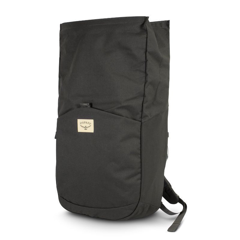 Sleek black Osprey Arcane Roll Top Backpack with spacious main compartment and padded laptop sleeve for daily adventures.