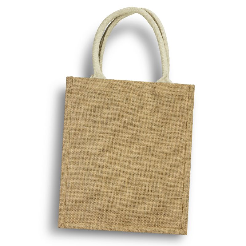 Eco-friendly jute wine carrier holds three bottles, features cotton handles and a clear front panel for easy viewing.