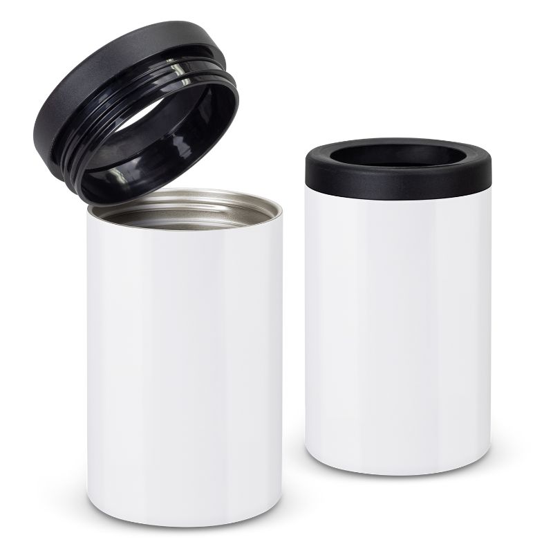 Three white stainless steel vacuum stubby coolers with screw-on tops, ideal for keeping beverages icy cold during outdoor activities.